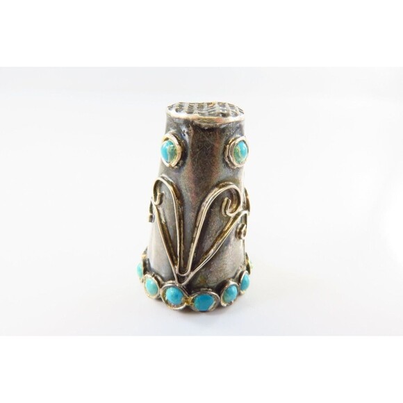 Vintage Sterling Silver Sewing Thimble Sz 11 Turquoise Accented Eagle 3 JMA - Picture 5 of 7